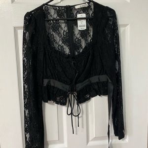 Black Corset Lace Style Crop Top with Long Sleeves